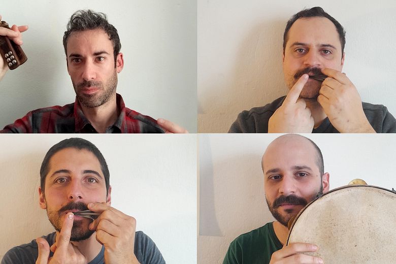 Collage mit vier Männern (inkl. Musikinstrumenten)