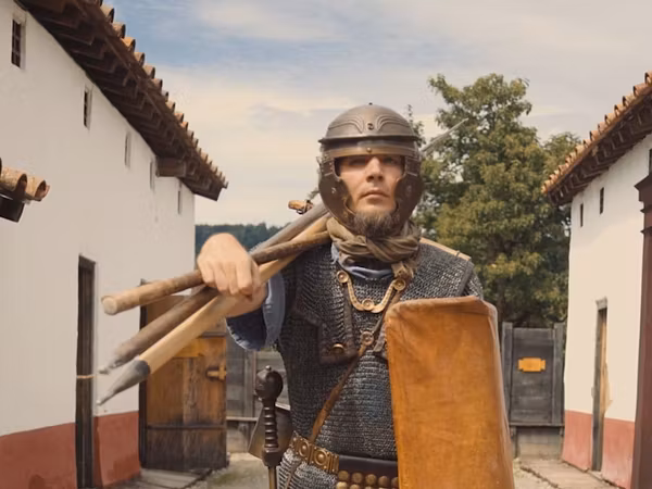 Ein als römischer Legionär gerüsteter Mann steht in der Mannschaftsunterkunft im Legionärspfad Vindonissa.