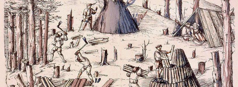 Zeichnung von Köhlerei im Wald um 1530.