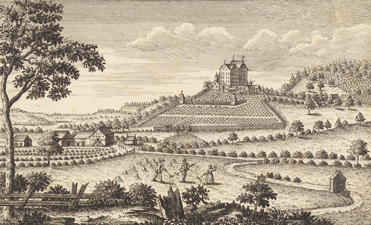 Kupferstich von Schloss Wildegg mit Rebberg aus dem 18. Jahrhundert.