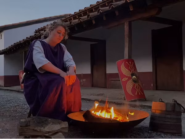 Eine als Römerin verkleidete Frau sitzt an einem Lagerfeuer im Legionärspfad Vindonissa. Im Hintergrund ist die Mannschaftsunterkunft (contubernia) zu sehen.