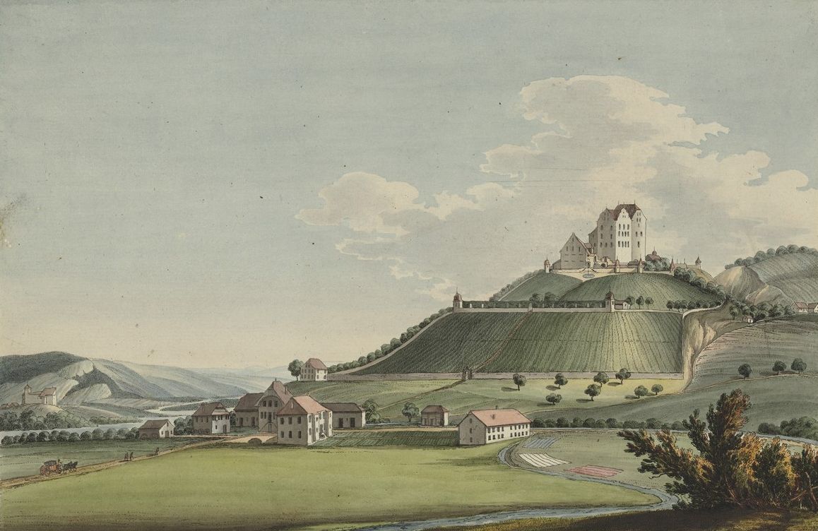 Kolorierter Umrissstich von Schloss Wildegg mit Rebberg aus dem 18. Jahrhundert.