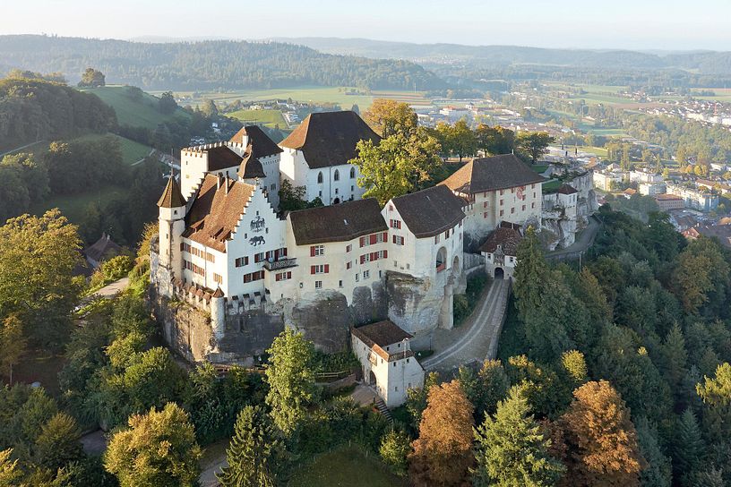 Luftaufnahme von Schloss Lenzburg, sanft eingebettet von Bäumen