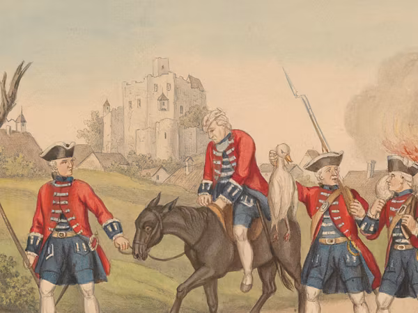 Ein Aquarell mit Soladten des Regiments Karrer aus dem 18. Jahrhundert.