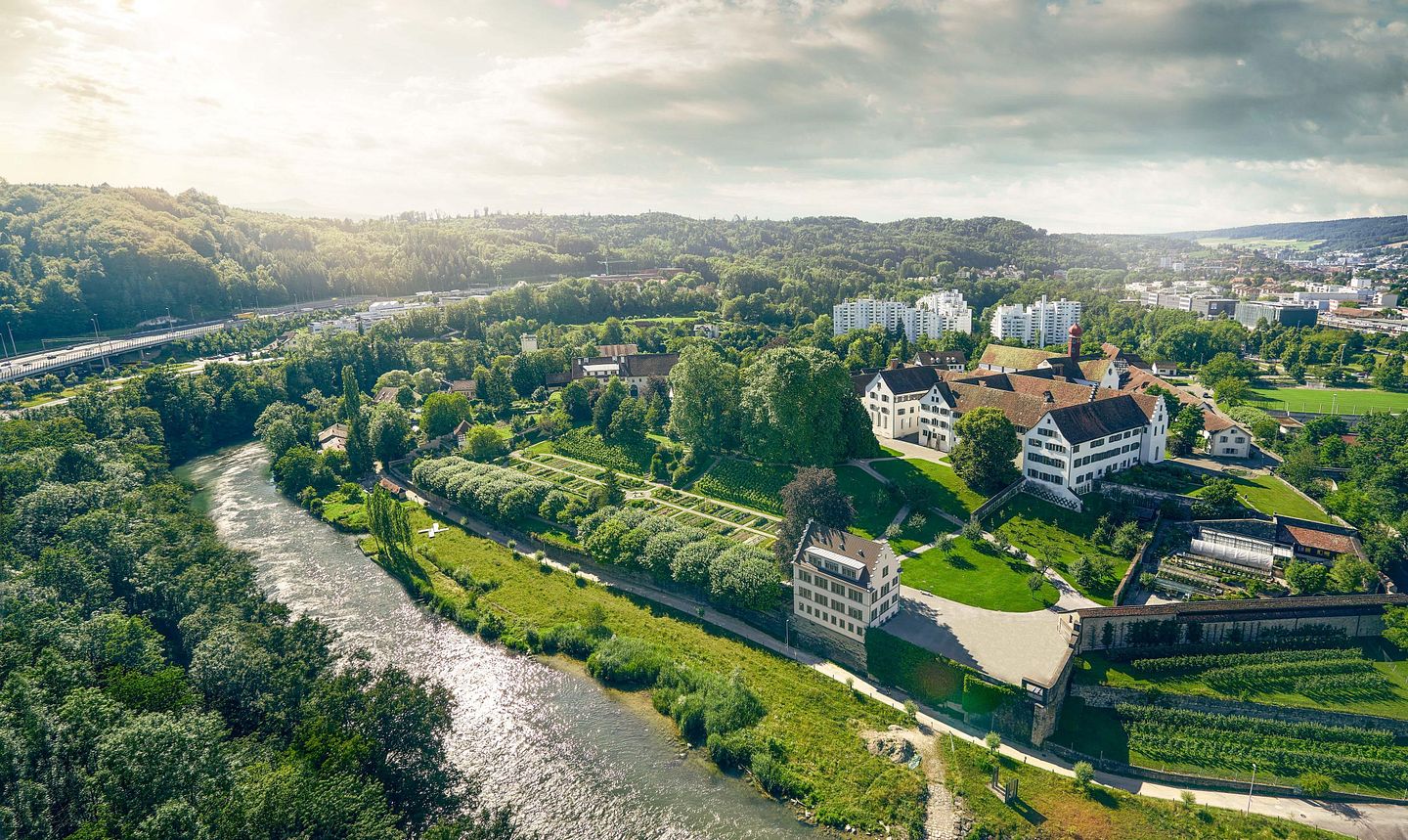 Luftaufnahme Klosterhalbinsel Wettingen mit Limmat