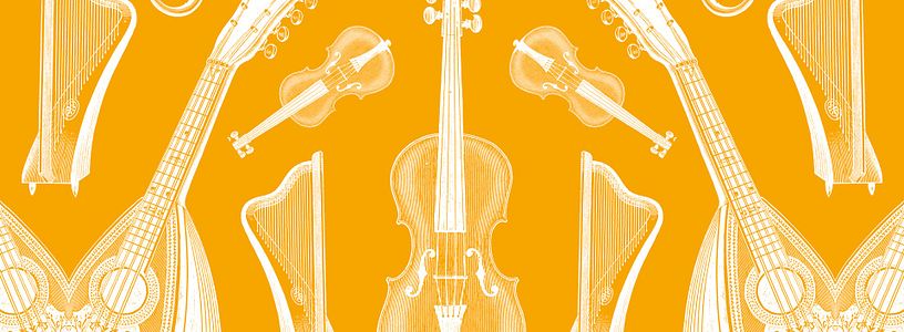 Visual Schweizer Schlössertag 2024: Eine gelbe Fläche mit weissen Musikinstrumenten.