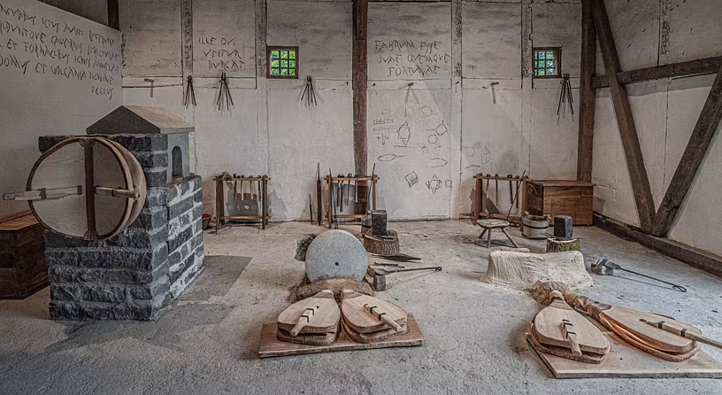 Römische Schmiede mit mehreren Arbeitsplätzen (Essen) im Legionärspfad Vindonissa