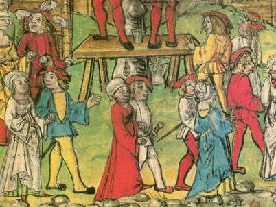 Karnevalstanz in Schwyz, Darstellung aus der Luzerner Chronik von Diebold Schilling dem Jüngeren, 16. Jahrhundert.
