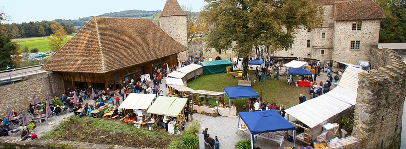 Luftaufnahme Mosttage Schloss Hallwyl: Viele Marktstände und Menschen im Hof.