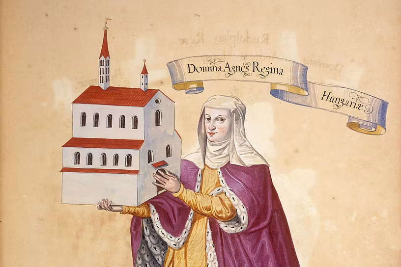 Historische Zeichnung von Agnes von Ungarn. Sie hält das Kloster Königsfelden in den Händen.