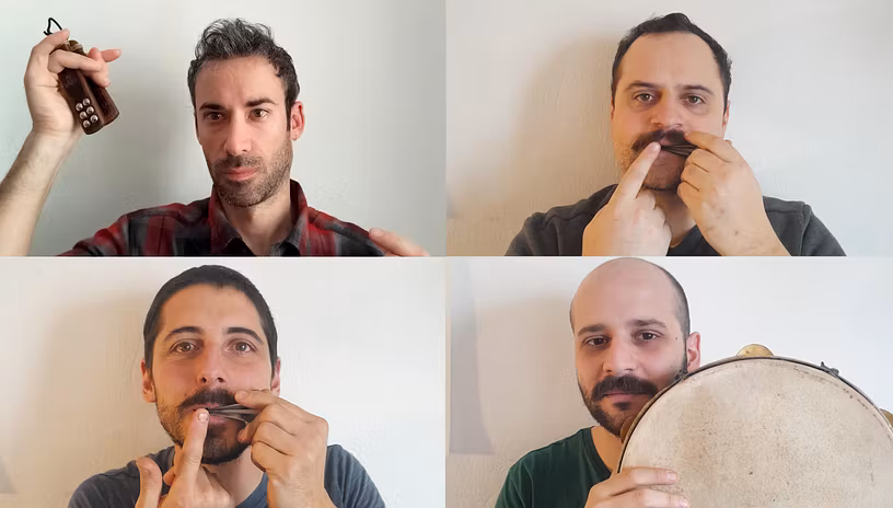 Collage mit vier Männern (inkl. Musikinstrumenten)