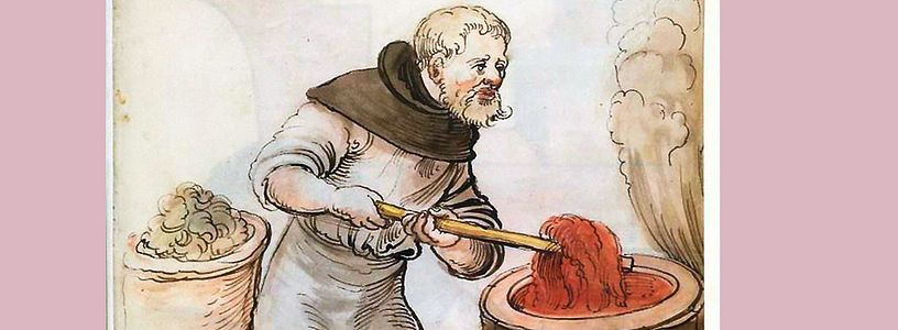 Historische Zeichnung: Ein Mann zieht einen Stoff aus einem Topf mit Farbe.