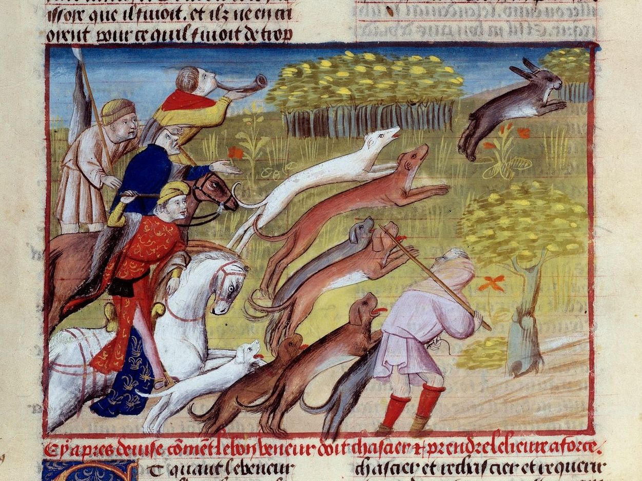 Gemälde: Die Miniatur Hasenjagd aus „Das Buch der Jagd“ von Gaston III Phoebus, Graf von Foix, Herr von Béarn (1331-1391)