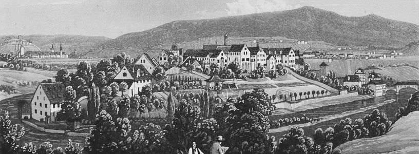 Historische Aufnahme der Klosterhalbinsel Wettingen um 1838.