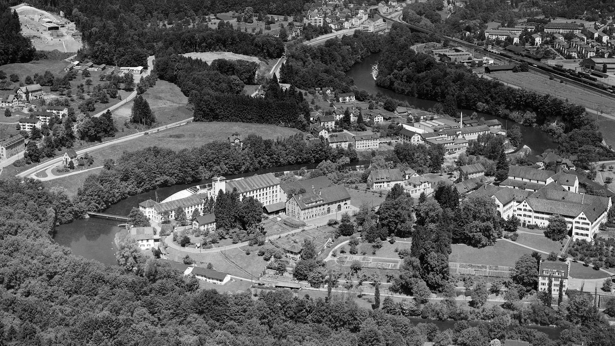 Historische Luftaufnahme Klosterhalbinsel Wettingen um 1964.