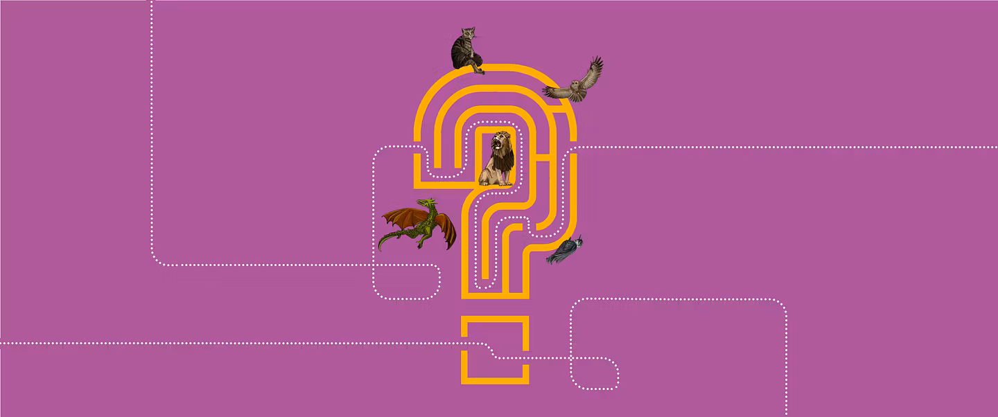 Illustration: Ein grosses Fragezeichen mit Linien und Tierfiguren; dazu der Text "Familienaktion - ein Fall für dich"