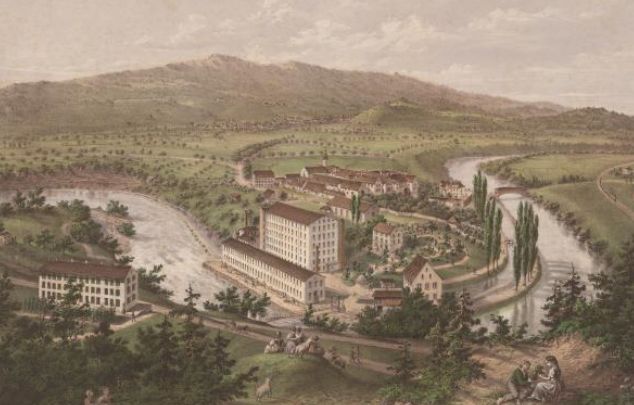 Lithographie Klosterhalbinsel Wettingen (1864).