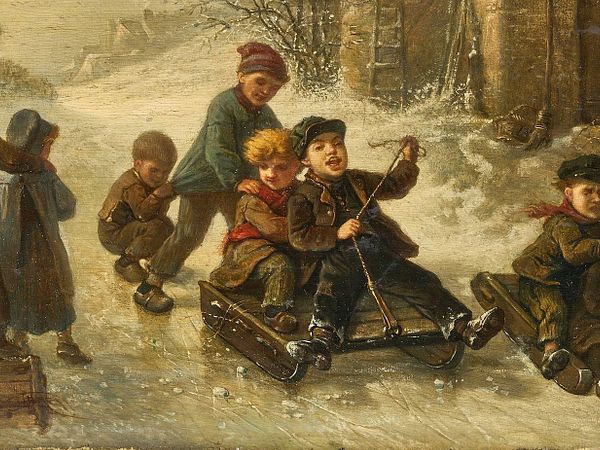 Ein Ölgemälde zeigt spielende und Schlitten fahrende Kinder auf der tief verschneiten Dorfstrasse. 
