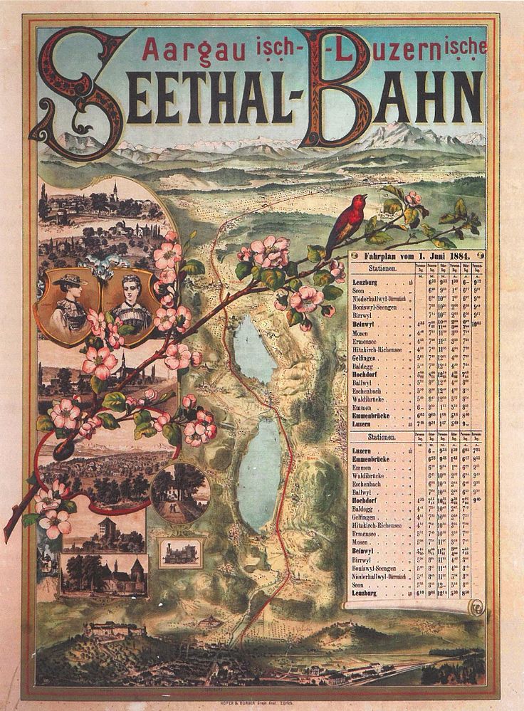 Abbildung einer gezeichneten und illustrierten Bahnstrecke. Gut sichtbar sind zwei Seen, zwei Frauen in Trachten gekleidet und einen Apfelblütenzweig, welcher übers ganze Bild reicht.