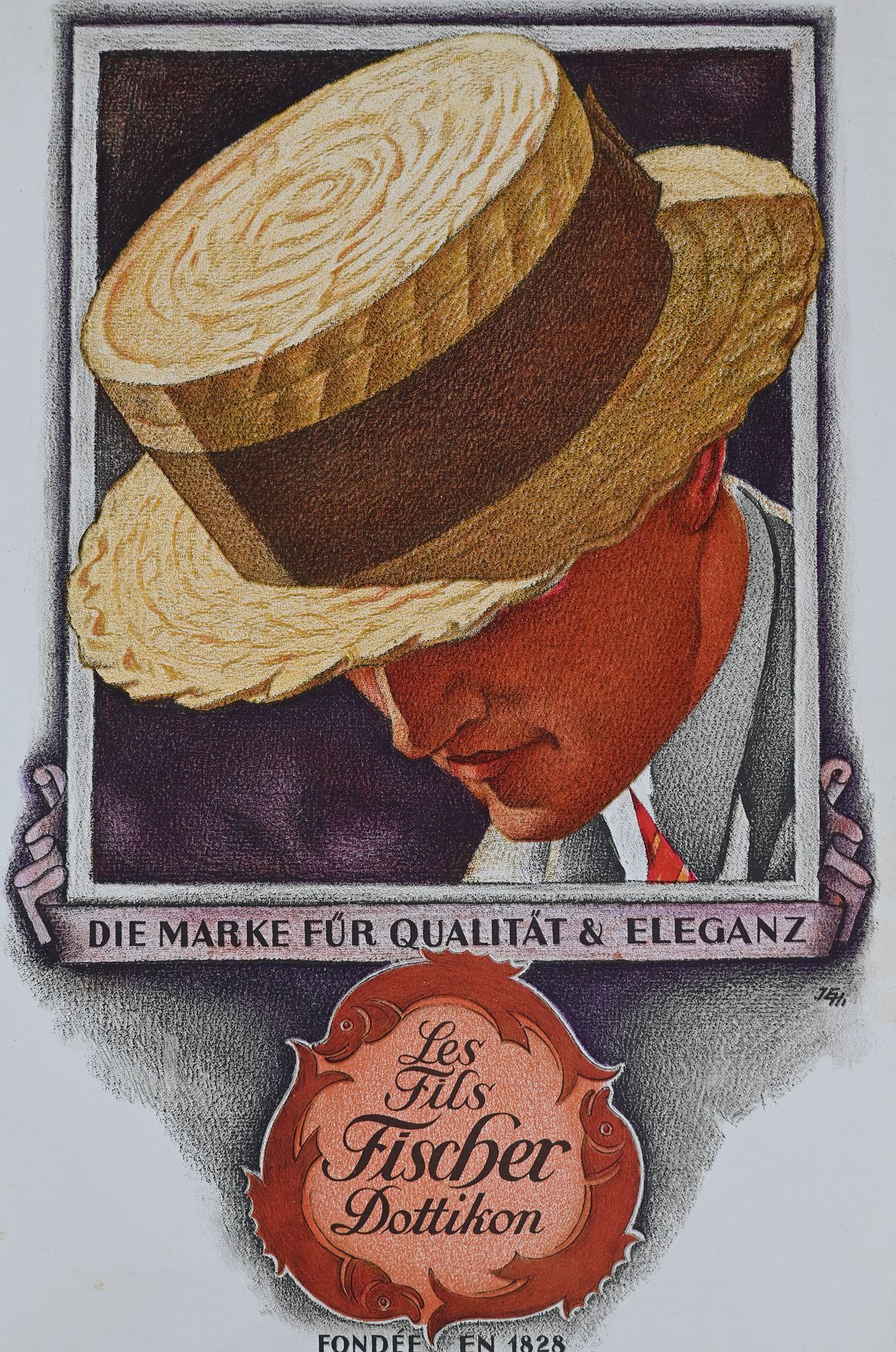 Werbeplakat mit einem Herren, der ein Strohhut trägt