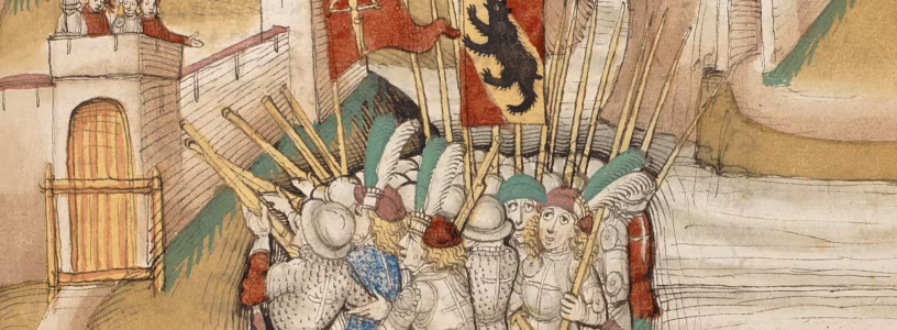 Historische Darstellung: Armee der Eidgenossen vor Schloss Hallwyl