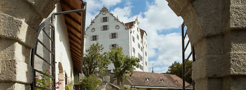 Idyllische Aussenaufnahme vom Schloss Wildegg durch das Tor 