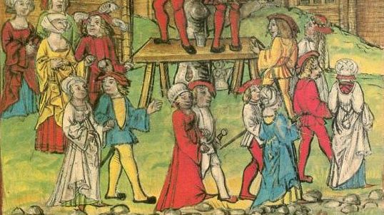 Karnevalstanz in Schwyz, Darstellung aus der Luzerner Chronik von Diebold Schilling dem Jüngeren, 16. Jahrhundert.