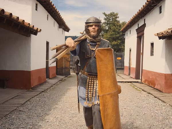 Ein als römischer Legionär gerüsteter Mann steht in der Mannschaftsunterkunft im Legionärspfad Vindonissa.