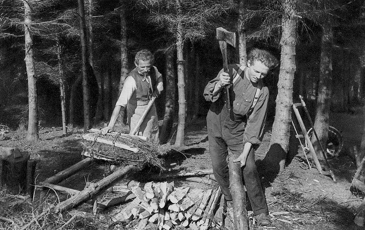 Historische Aufnahme in schwarz-weiss: Holzarbeit im Wald um 1929
