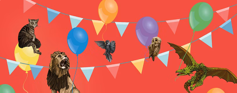Illustration: Mehrere Tiere (Löwe, Dohle, Katze, Eule, Drache) sowie Ballone und eine Wimpelkette auf rotem Hintergrund.