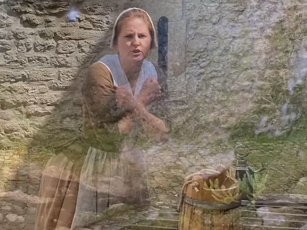 Eine als Magd gekleidete Person steht vor einem Brunnen auf Schloss Lenzburg.