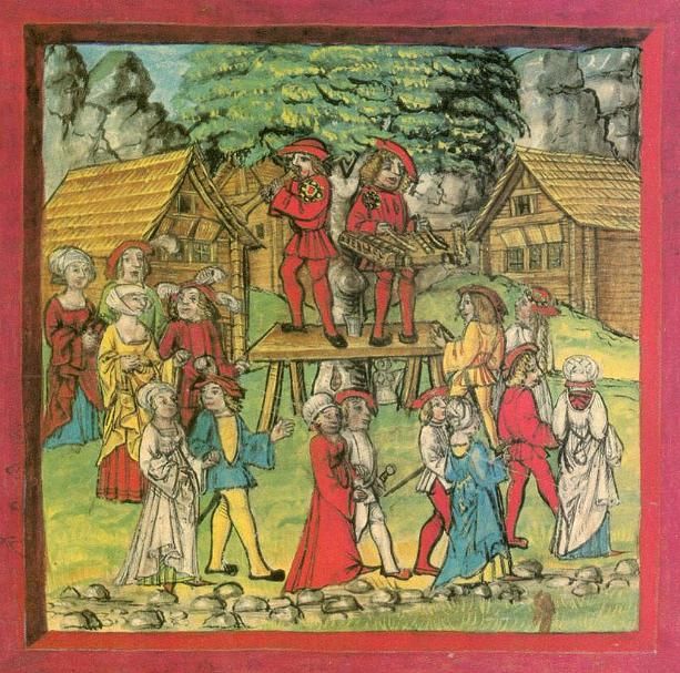Karnevalstanz in Schwyz, Darstellung aus der Luzerner Chronik von Diebold Schilling dem Jüngeren, 16. Jahrhundert.