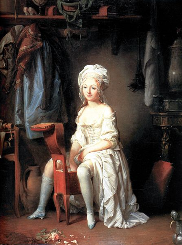 La Toilette intime ou la Rose effeuillée von Louis-Léopold Boilly, Ende 18. Jh Abbildung einer Frau in weisser Kleidung, welche sich an einem Bidet aus Holz wäscht.