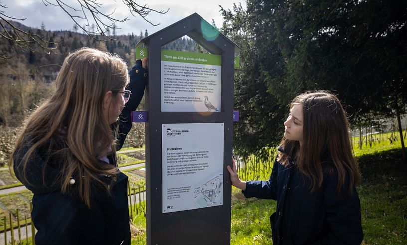 Zwei Mädchen stehen vor einer Info-Stele mit Textinformationen inmitten dem Garten der Klosterhalbinsel Wettingen.