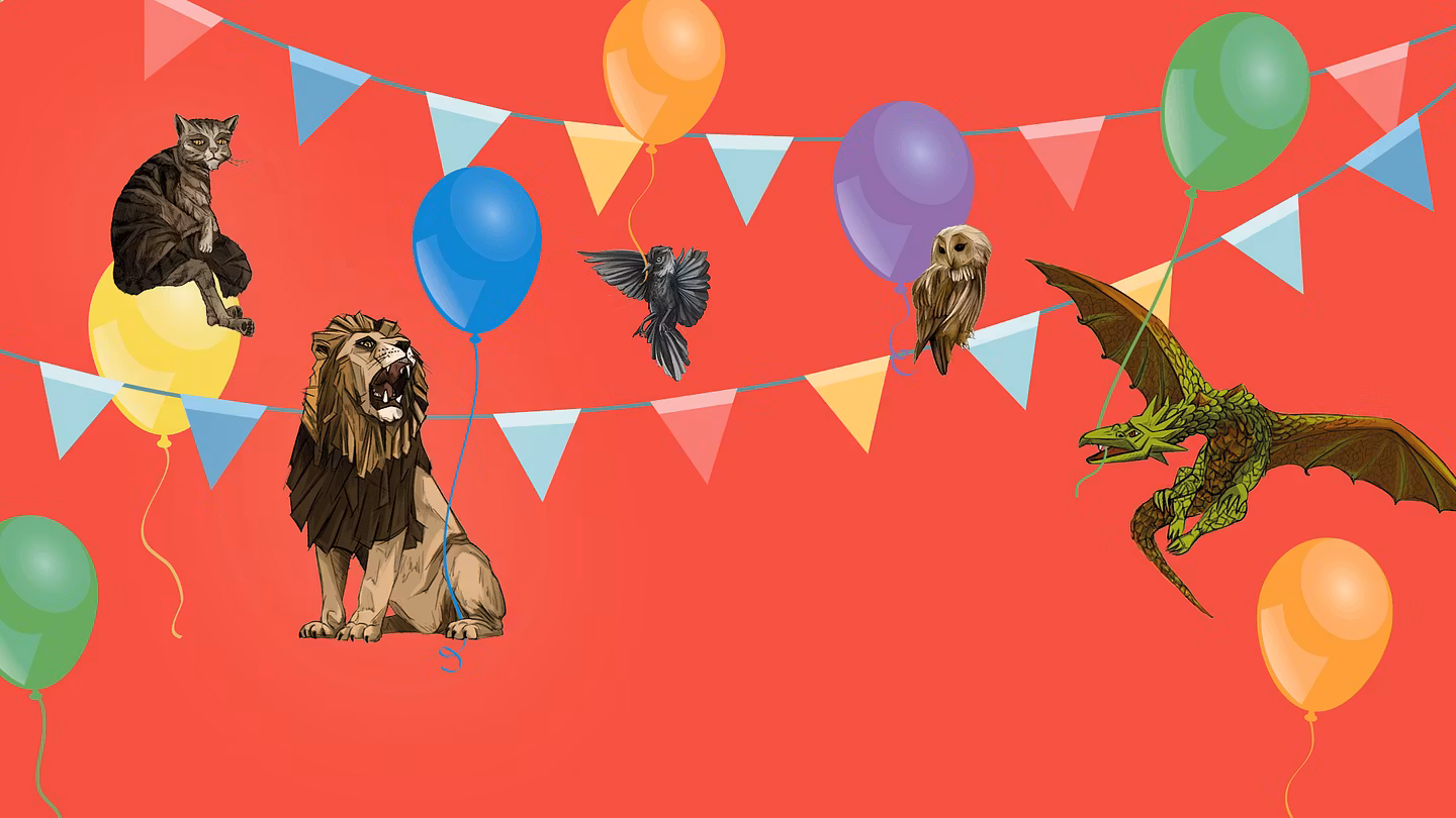 Illustration: Mehrere Tiere (Löwe, Dohle, Katze, Eule, Drache) sowie Ballone und eine Wimpelkette auf rotem Hintergrund.
