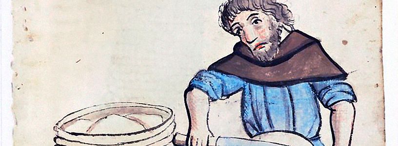 Historische Darstellung: Zeichnung eines Mannes, der über seinem Knie Leder gerbt.