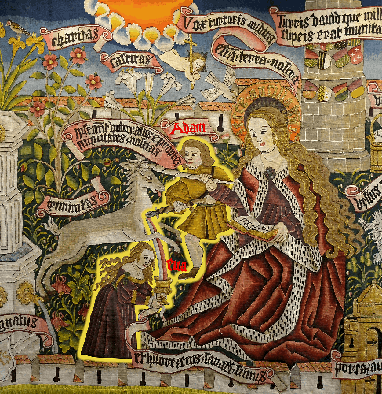 Wandteppich Historischer Wandteppich. Matte Farben. Verschiedene biblische Personen samt Einhorn abgebildet.