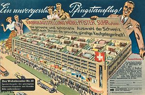 Publikation "Möbelindustrie und -handel seit 1870": Prospekt von Möbel-Pfister mit Darstellung des Hauptsitzes in Suhr, 1940er-Jahre