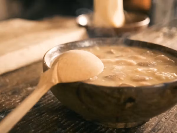 Zanzarellisuppe in einer Schale, die auf einem Tisch in der Mittelalterküche von Schloss Lenzburg steht.