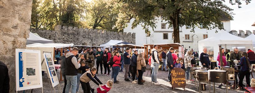 Blick in den Innenhof von Schloss Hallwyl an den Mosttagen. Viel Volk rund um Marktstände.