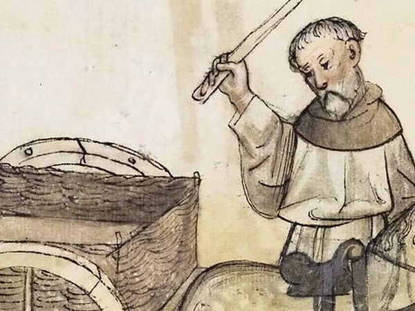 Abbildung eines Fuhrmanns mit Peitsche, der neben einem Karren steht, vor den ein Pferd gespannt ist.