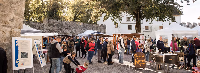 Blick in den Innenhof von Schloss Hallwyl an den Mosttagen. Viel Volk rund um Marktstände.