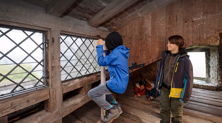 Zwei Schüler unter dem Dach von Schloss Habsburg; ein Bub blickt durch ein Fernrohr ins Weite.