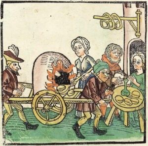Die fremden Bäcker Eine Zeichnung, auf welcher fünf Bäcker und Bäckerinnen Brot backen. Dazu verwenden sie einen mobilen Backofen.