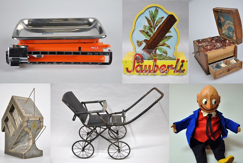 Eine Collage mit mehreren historischen Objekten aus der Sammlung online; u.a. Papa Moll, ein Kinderwagen und eine rote Waage.