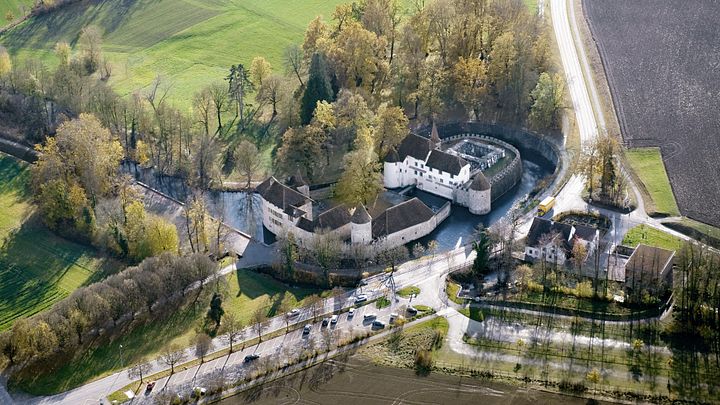 Luftaufnahme Schloss Hallwyl (Drohne) mit Aabach und Mühle