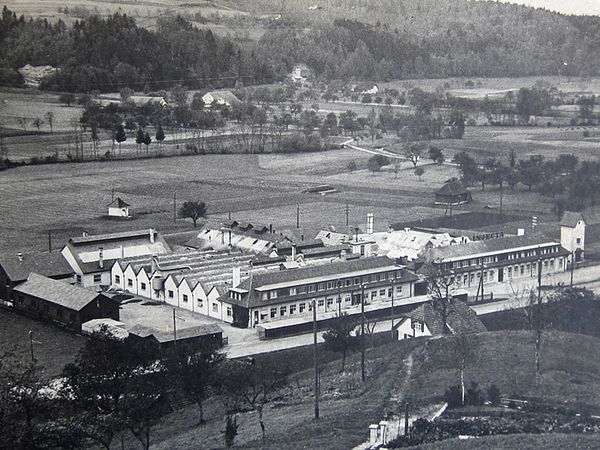 Schwarzweiss-Luftaufnahme der Injecta-Werke in Teufenthal aus der Sammlung Museum Aargau.