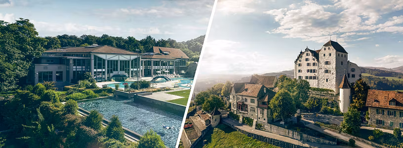 Monate mit zwei Bildern: Aussenbereich Aquarena fun (links) und eine Aussenaufnahme von Schloss Wildegg (rechts)