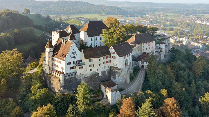 Luftaufnahme von Schloss Lenzburg, sanft eingebettet von Bäumen