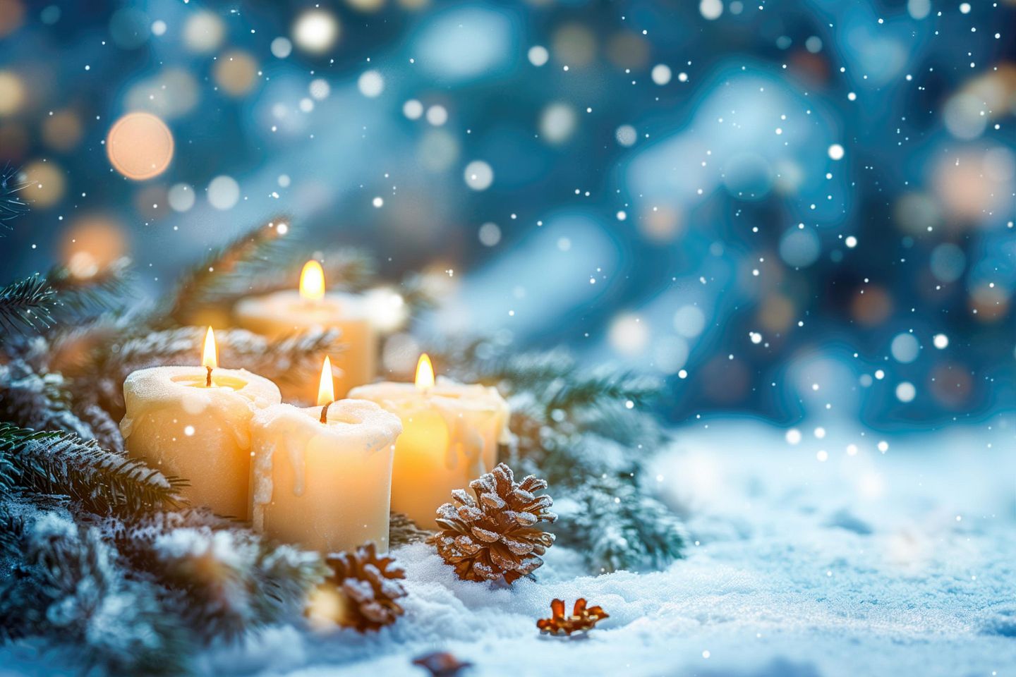 Vier Kerzen inmitten von Tannästen und Tannzapfen, rundherum Schnee. Im Hintergrund sind unscharf Lichter zu erkennen. Stimmungsvolle Aufnahme.